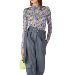 Tanya Taylor Top Women XS Multicolor Adonica Puff‎ Sleeve Mock Neck Printed Crop